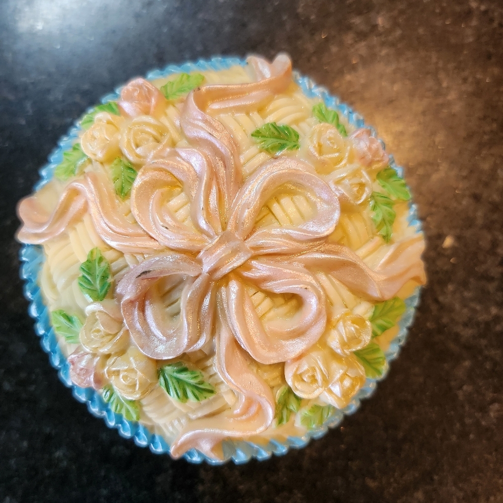 Floral Woven Basket Trinket Box with Pink and Green Accents